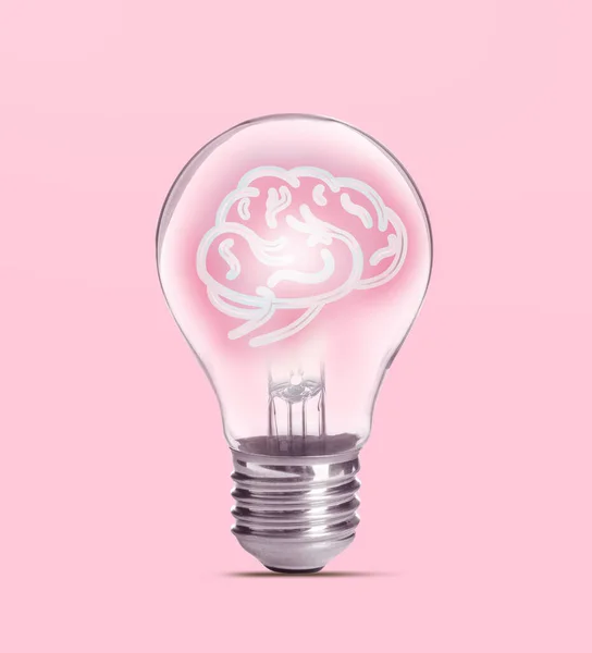 Lamp Bol Met Menselijk Brein Binnen Roze Achtergrond Ideeëngeneratie — Stockfoto