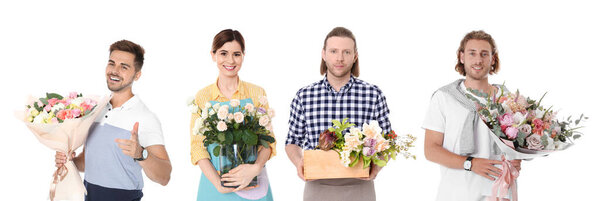Collage of florists with flowers on white background. Banner design