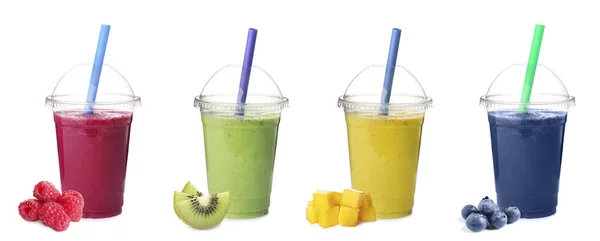 Set Von Verschiedenen Frischen Leckeren Smoothies Auf Weißem Hintergrund Bannerdesign — Stockfoto