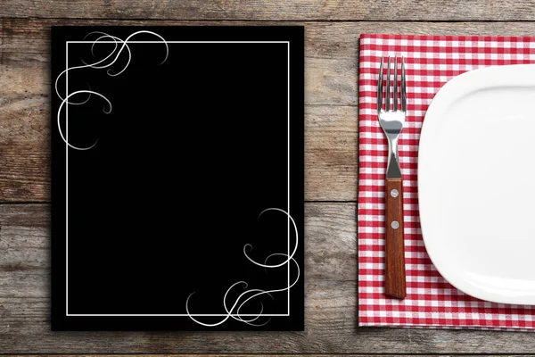 Elegante Tavolo Elegante Menu Vuoto Sfondo Legno Vista Dall Alto — Foto Stock