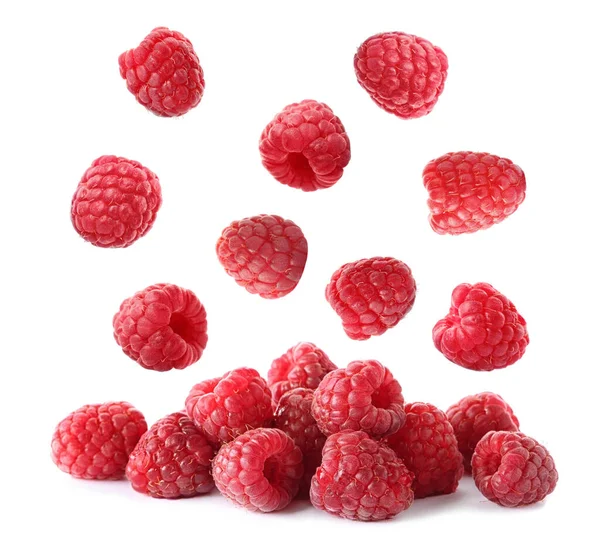 Set Falling Sweet Raspberries White Background — Stock Photo, Image