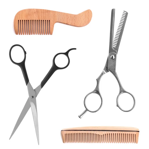 Set Different Professional Hairdresser Scissors Wooden Combs White Background — Stock Photo, Image