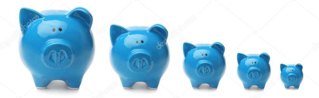 Set with blue piggy banks on white background. Banner design
