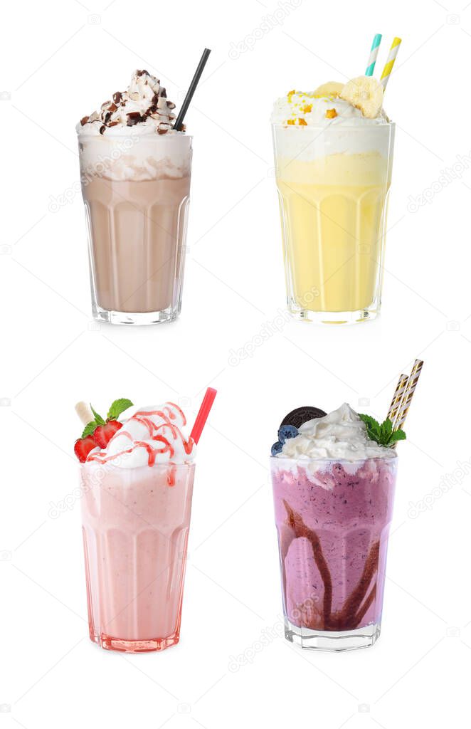 Set of glasses with different protein shakes on white background
