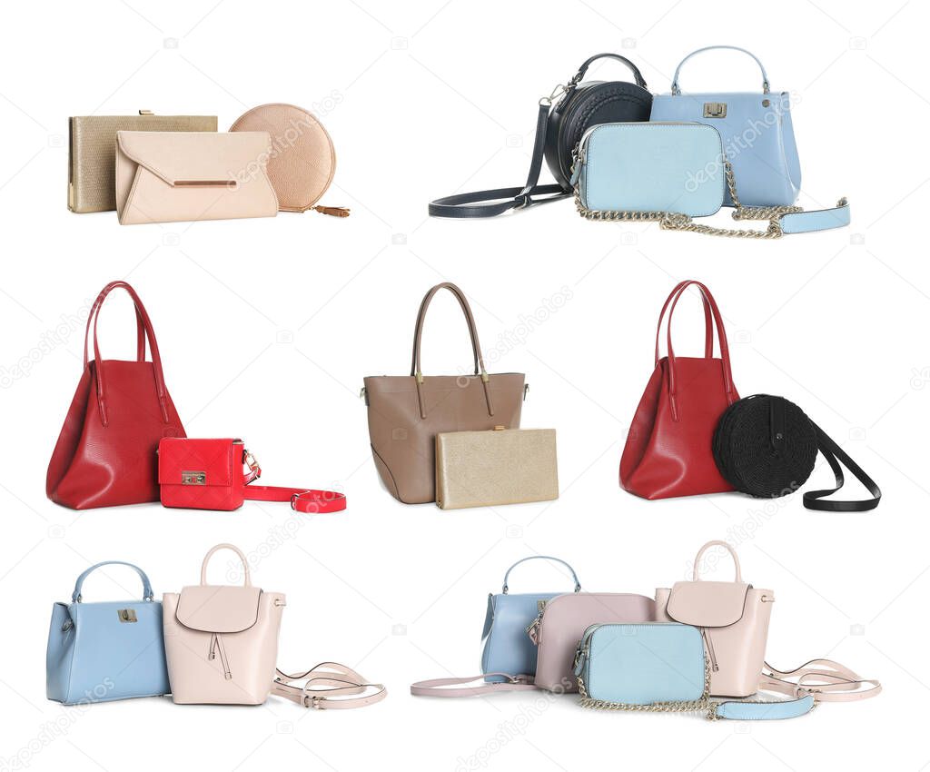 Set of different woman's bags on white background