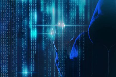 Koyu arkaplanda hackerlar ve dijital ikili kod. Sanal suç kavramı