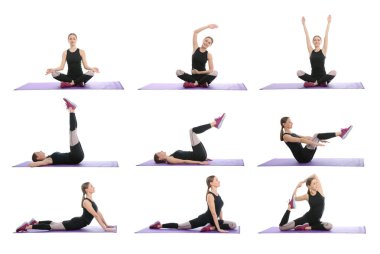 Beyaz arka planda yoga yapan kadın kolajı