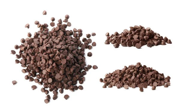 Set Van Heerlijke Chocolade Chips Witte Achtergrond — Stockfoto