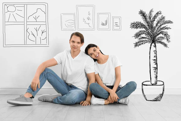 Pareja Feliz Soñando Con Renovación Suelo Diseño Interior Ilustrado — Foto de Stock