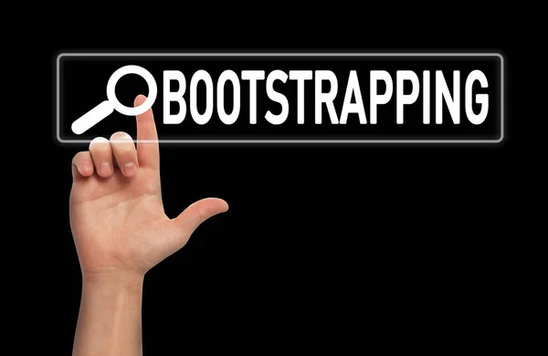 Man touching virtual screen with word BOOTSTRAPPING in search bar on black background, closeup