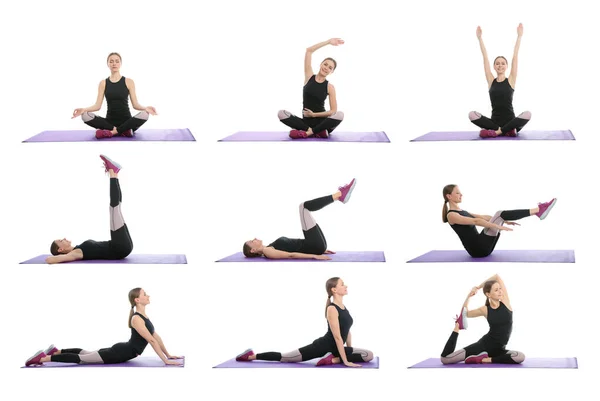 Collage Femme Pratiquant Yoga Sur Fond Blanc — Photo