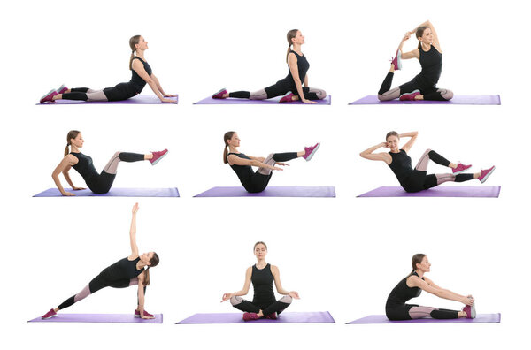 Collage of woman practicing yoga on white background