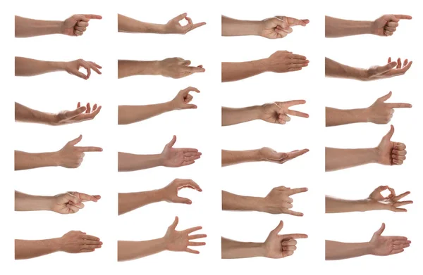 Collage Man Showing Different Gestures White Background Closeup View Hands — Stock Photo, Image
