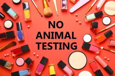 Kozmetik ürünler ve metin HAYIR turuncu arkaplan üzerinde test, düz yatıyordu
