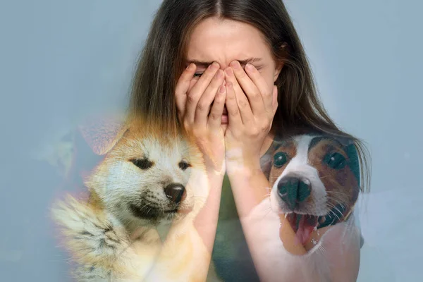 Concepto Cinofobia Doble Exposición Joven Asustada Perros —  Fotos de Stock