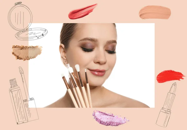 Mujer Hermosa Productos Cosméticos Profesionales Sobre Fondo Color Maquillaje Artista — Foto de Stock
