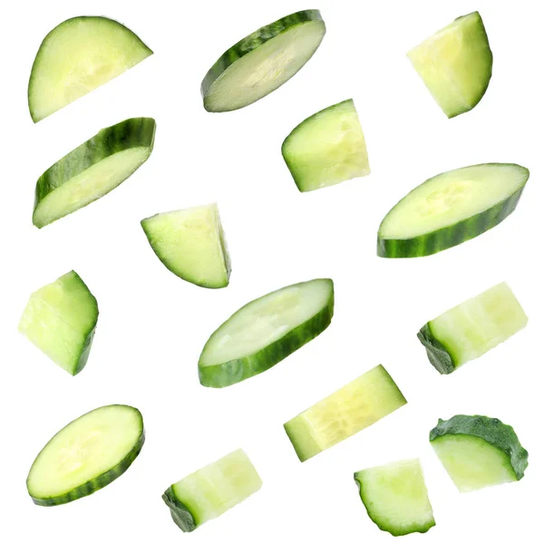 Set Fresh Cucumber Slices White Background — Stock Photo, Image