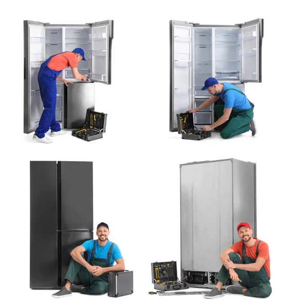 Collage Technical Workers Refrigerators White Background — Stock Photo, Image