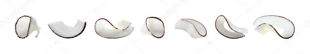 Set with fresh coconut flakes isolated on white. Banner design