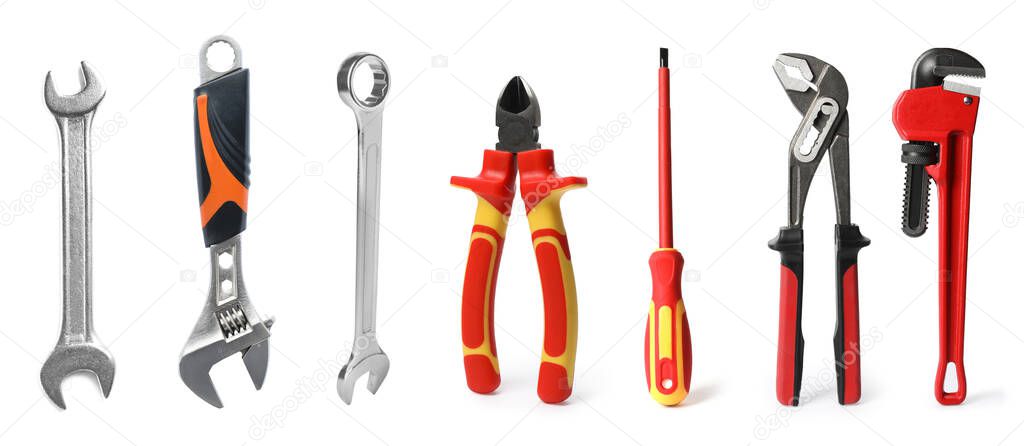 Set with different construction tools on white background. Banner design