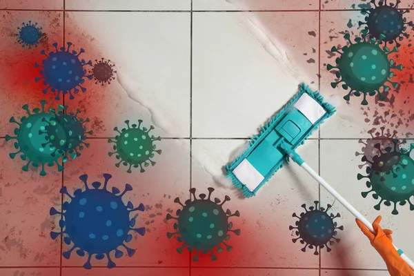 Rengöring Kontra Virus Kvinna Tvättgolv Med Mopp Och Desinficering Lösning — Stockfoto