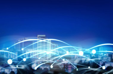 Güzel şehir manzarası ve ağ bağlantı çizgileri 