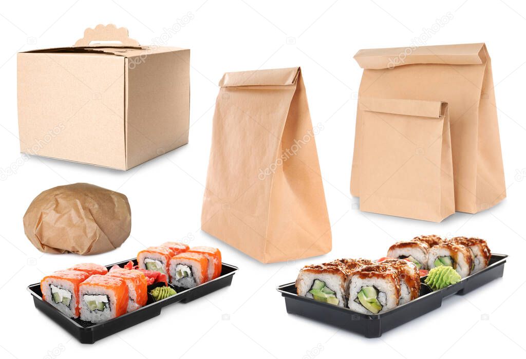 Collage of cardboard and plastic containers on white background. Food delivery