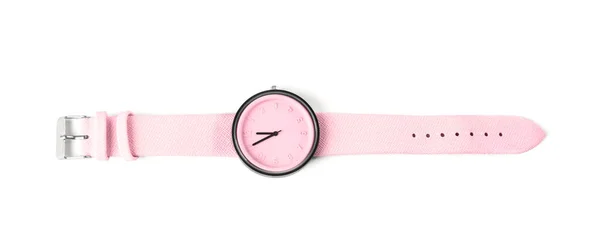 Elegant Armbandsur Med Läderband Isolerat Vit Ovanifrån — Stockfoto