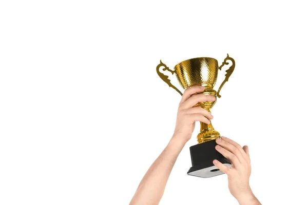 Man Holding Gold Trophy Cup White Background Closeup — Stock Photo, Image