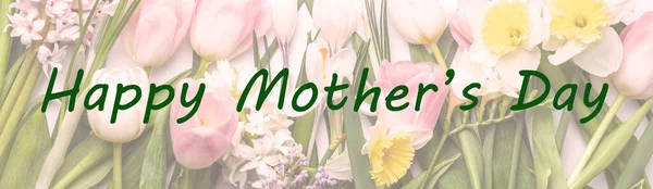 Phrase Happy Mother Day Different Spring Flowers Background Flat Lay — Stock Photo, Image