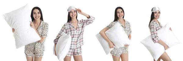 Collage Mujer Joven Pijama Con Almohada Sobre Fondo Blanco Diseño —  Fotos de Stock