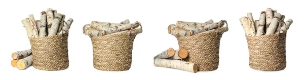 Set Cut Firewood Wicker Baskets White Background Banner Design — Stock Photo, Image