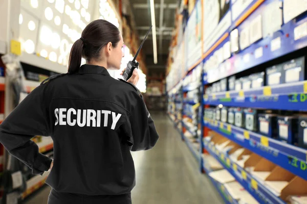 Security Guard Using Portable Radio Transmitter Shopping Mall Space Text — Stock Photo, Image