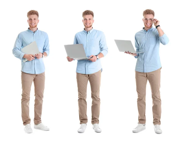 Colagem Homens Jovens Com Laptops Fundo Branco — Fotografia de Stock