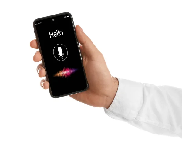 Akıllı Telefondan Beyaz Arkaplana Karşı Ses Araması Yapan Adam Yakın — Stok fotoğraf