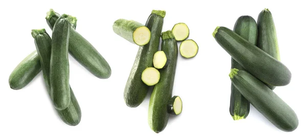 Ensemble Courgettes Fraîches Mûres Sur Fond Blanc Vue Dessus Conception — Photo