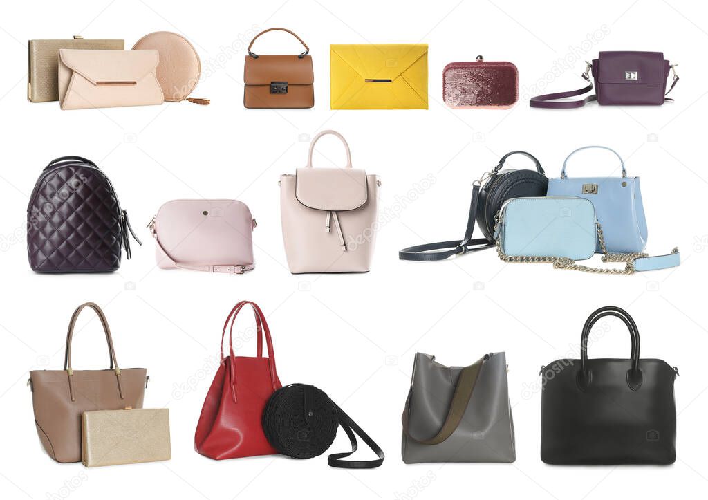 Set of different woman's bags on white background