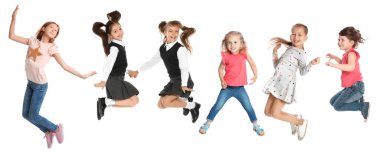 Beyaz arka planda zıplayan duygusal küçük kızlar kolajı. Pankart tasarımı