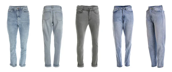 Set Med Snygga Jeans Vit Bakgrund Banderolldesign — Stockfoto