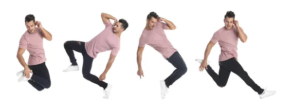 Collage Emotivo Giovane Uomo Che Indossa Abiti Moda Saltando Sfondo — Foto Stock