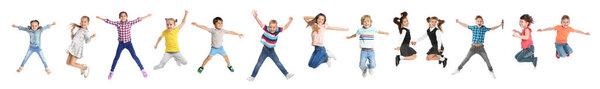 Collage of emotional children jumping on white background. Banner design