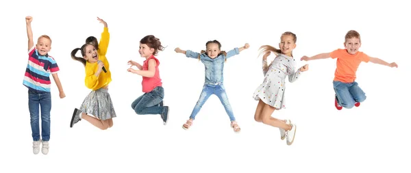 Collage Niños Emocionales Saltando Sobre Fondo Blanco Diseño Banner — Foto de Stock