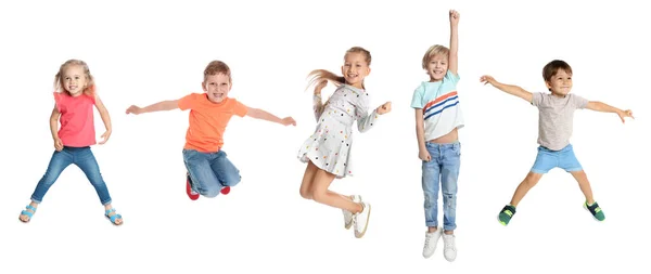 Collage Van Emotionele Kinderen Springen Een Witte Achtergrond Banner Ontwerp — Stockfoto