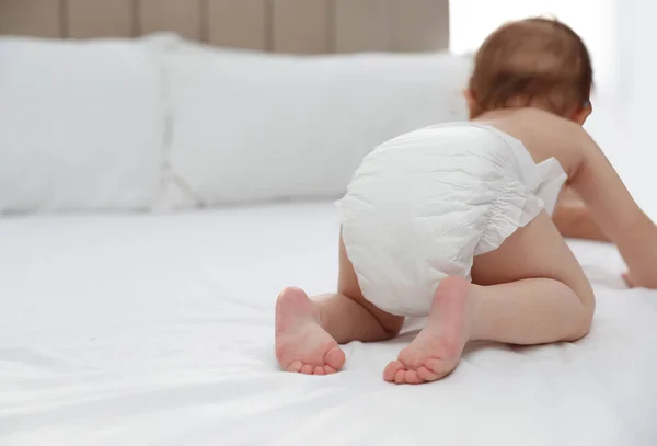 Cute Little Baby Diaper Bed Closeup Space Text — Stock Photo, Image
