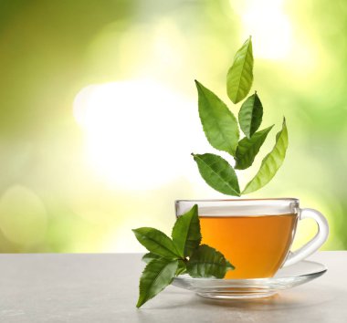 Yeşil yapraklar bulanık arka planda çay fincanına dökülüyor. Metin için boşluk