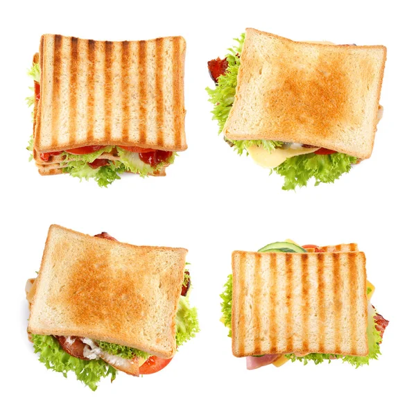 Set Different Yummy Sandwiches White Background Top View — Stock Photo, Image