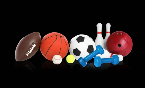 Set Different Sport Equipment Black Background — Stock Photo, Image