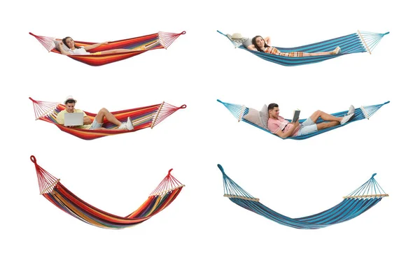 Set with different hammocks on white background