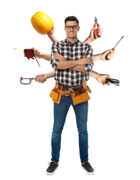 Multitasking Koncept Handyman Med Olika Verktyg Vit Bakgrund — Stockfoto