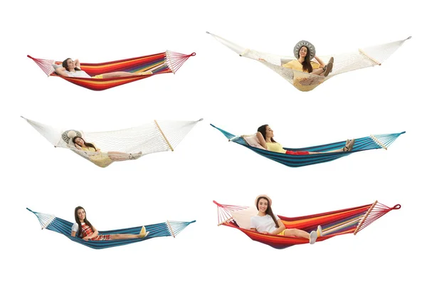 Collage Met Vrouw Rusten Verschillende Hangmatten Witte Achtergrond — Stockfoto